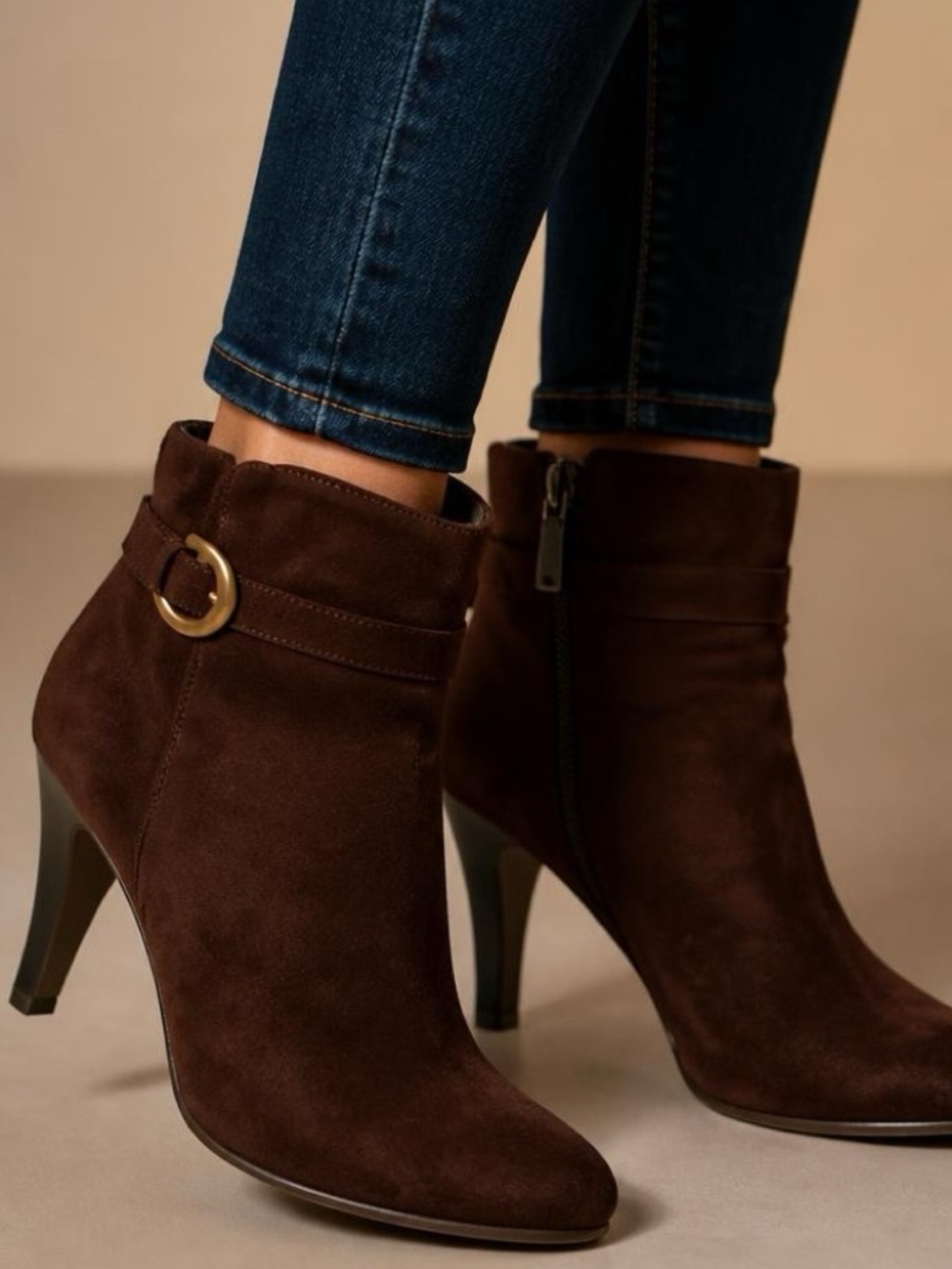 New Direction "Luna" Brown Faux Suede Heel Ankle Boot